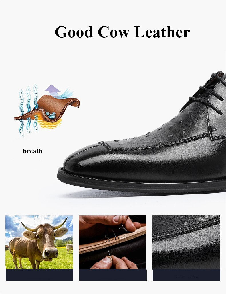 ParGrace Genuine Leather Derby Men Shoes Ostrich Pattern  Classic Design