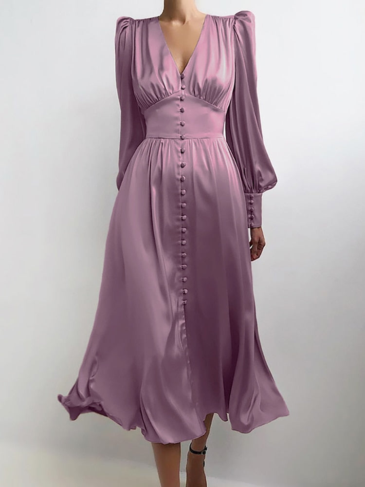 ParGrace Single Breasted Elegantand  High Waist Satin  Dress
