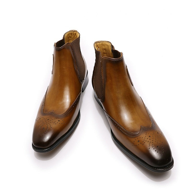 ParGrace Luxury Chelsea Boots Genuine Leather On Buckle Strap Wingtip