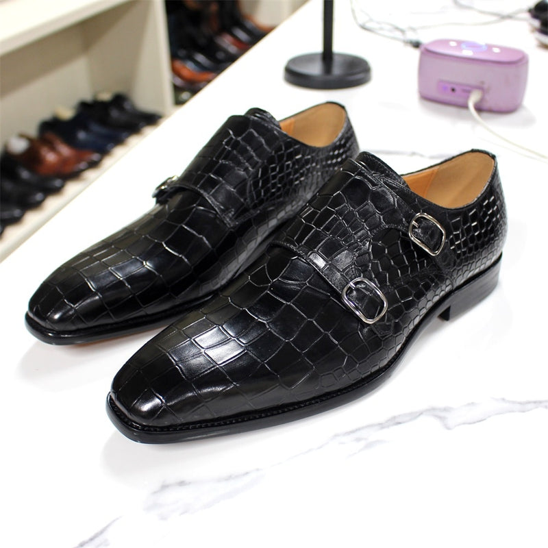 Real Leather Pointed Toe Double Buckles Alligator Parrint  Formal Business