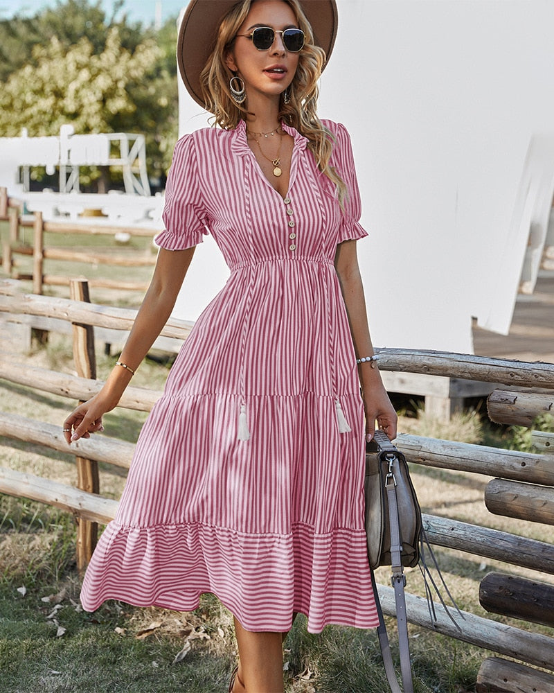 ParGrace  Causal V-neck Button Ruffles Midi Dress