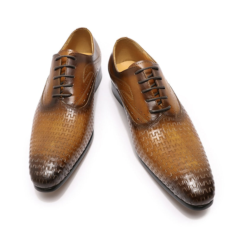 Italian Luxury Geometric Prints Lace Up Pointed Wedding Leather Oxford Shoes