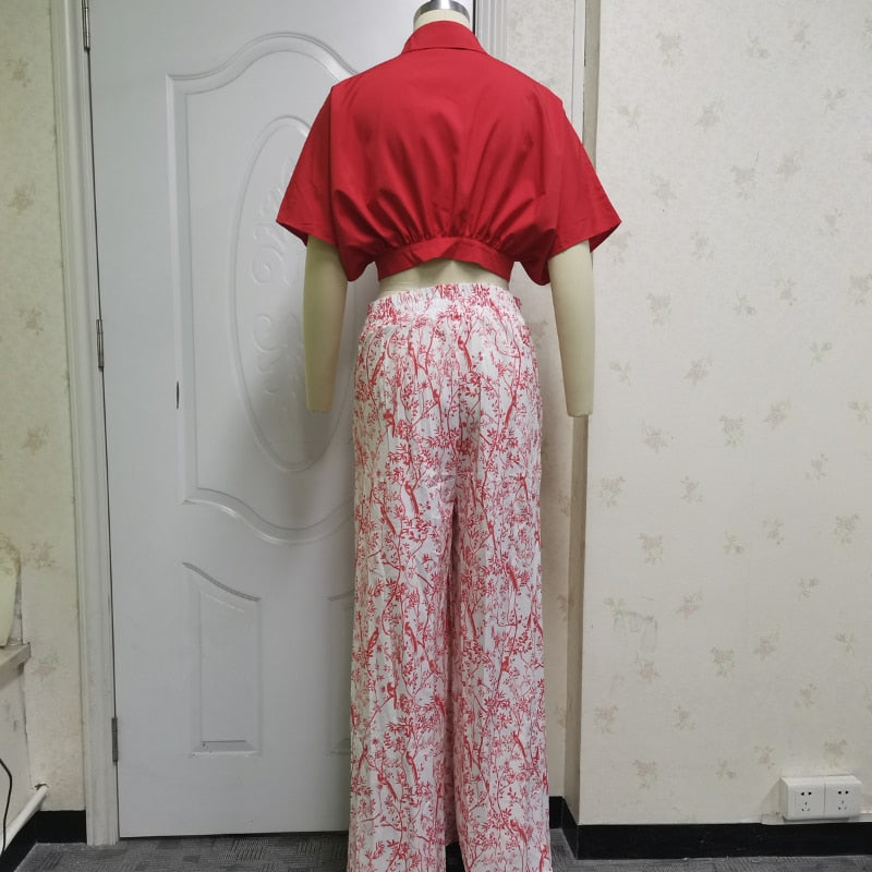 ParGrace Two Piece Sets Sexy Mid Sleeve Shirt Elgant Floral Print Wide Leg Pant