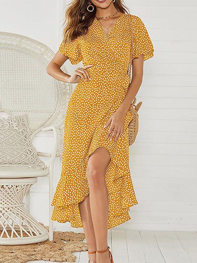 ParGrace Floral Print Boho Long Chiffon Dress Ruffles Wrap Casual V-Neck Split