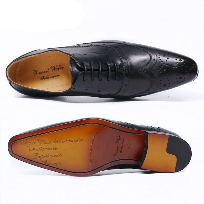 Oxford Black Red Male Formal Shoes Pointed Wingtip Lace Up