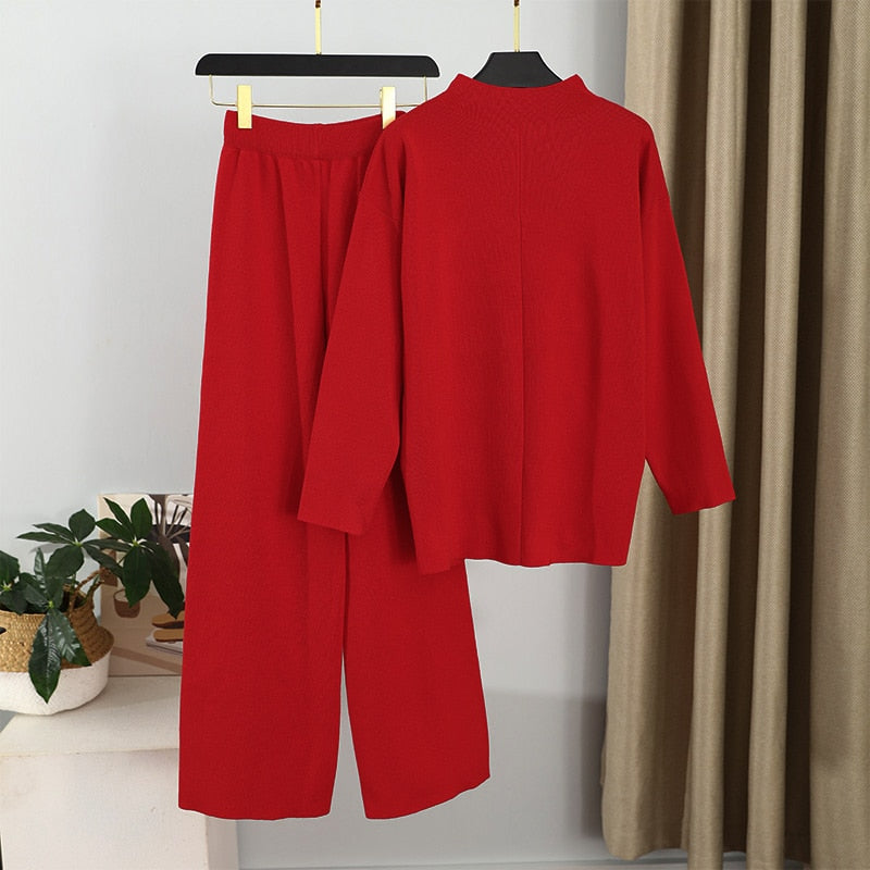 ParGrace Knitted Women Trousers Suit Two Piece Set