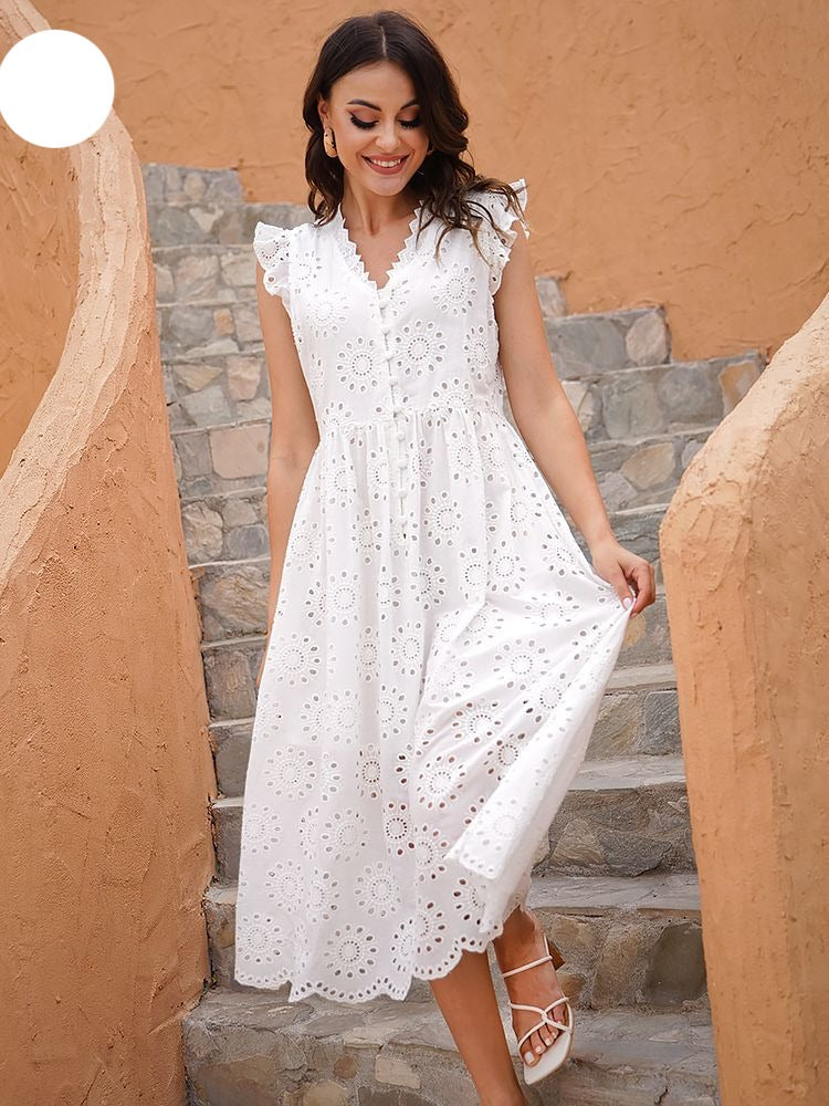 ParGrace Solid Hollow Out Pure Cotton fashion White dress