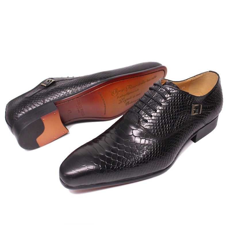 ParGrace Luxury Men Leather Shoes Snake Skin Print Pointed Toe Lace Up Oxford