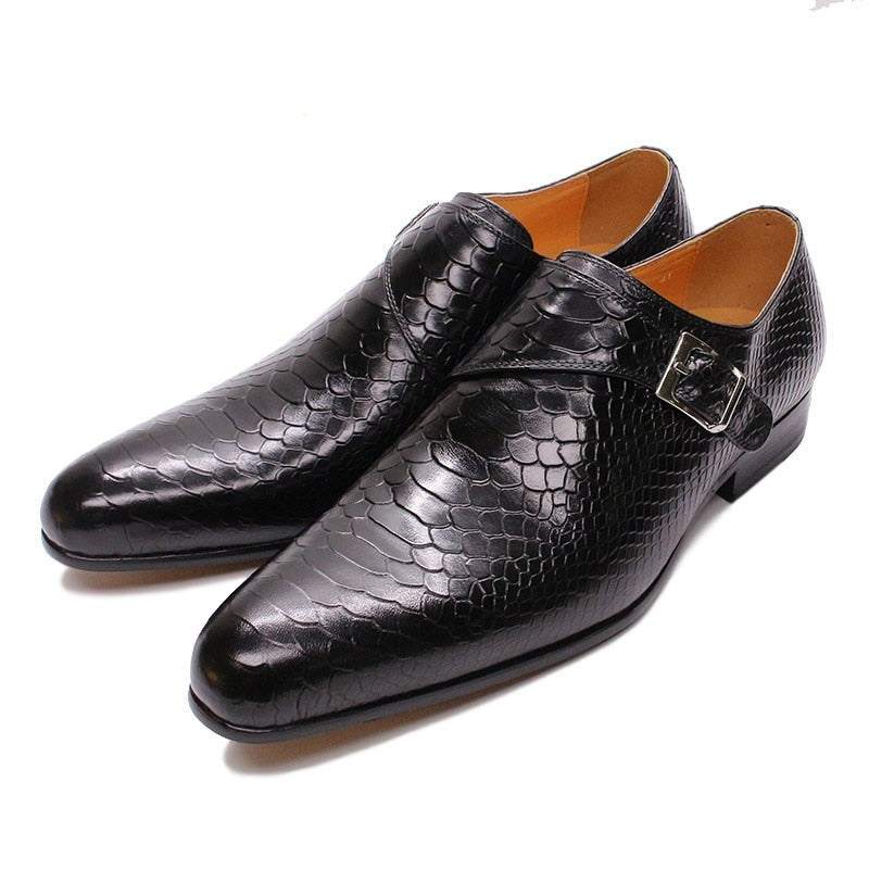 ParGrace  Loafers Genuine Leather Snake Skin Prints Monk Strap Slip on