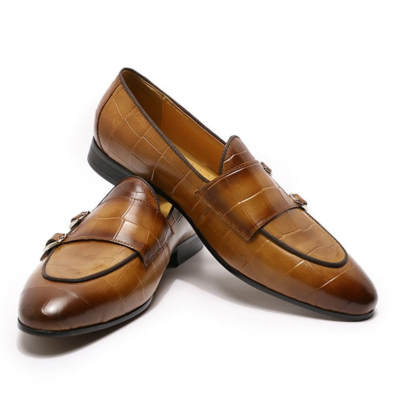 ParGrace Luxury Loafers Genuine Leather Double Monk Strap Slip on Pointed Toe