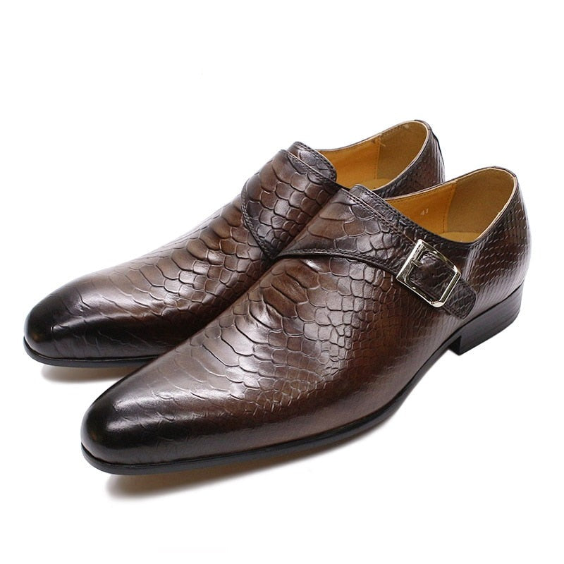 ParGrace  Loafers Genuine Leather Snake Skin Prints Monk Strap Slip on