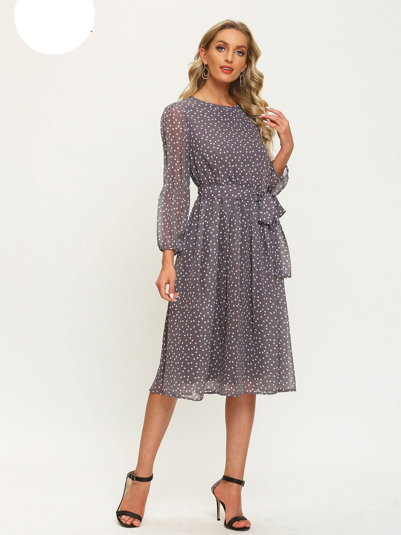 ParGrace  Long Sleeve Polka Dress O Neck Chiffon A Line