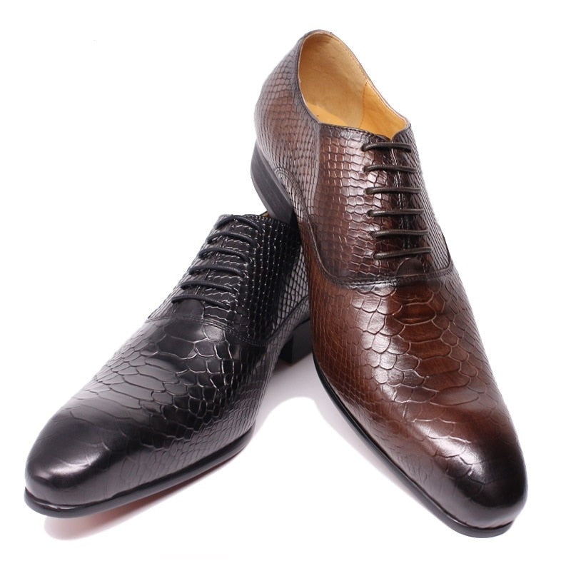 ParGrace Luxury Men Leather Shoes Snake Skin Print Pointed Toe Lace Up Oxford