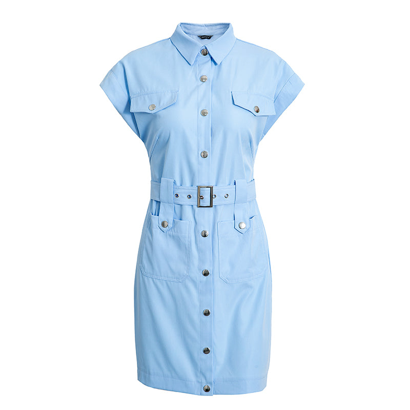 ParGrace shirt dress short sleeve office dress women Single breasted belt