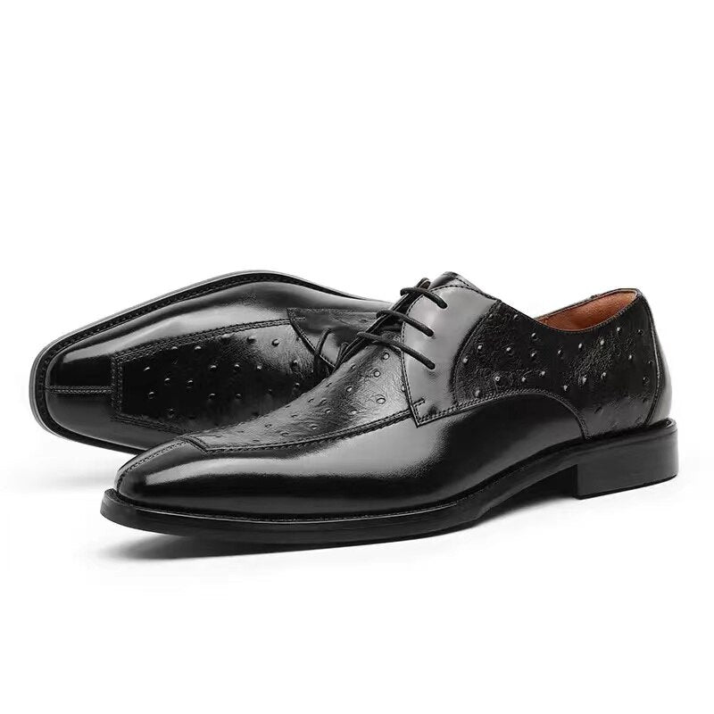 ParGrace Genuine Leather Derby Men Shoes Ostrich Pattern  Classic Design