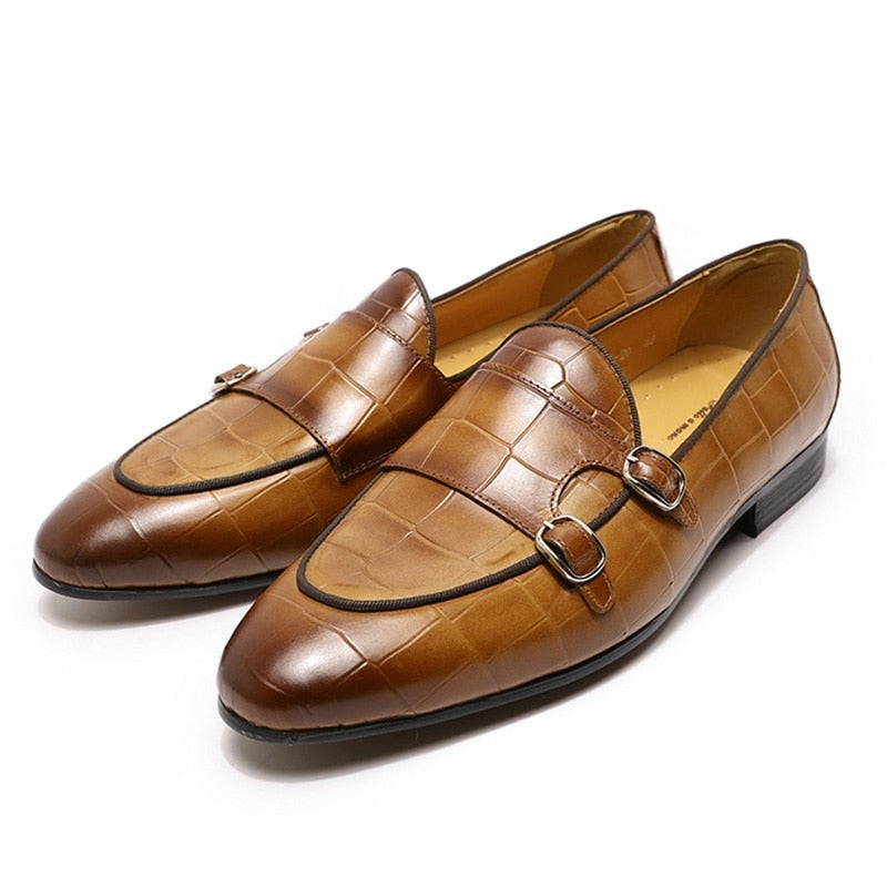 ParGrace Luxury Loafers Genuine Leather Double Monk Strap Slip on Pointed Toe