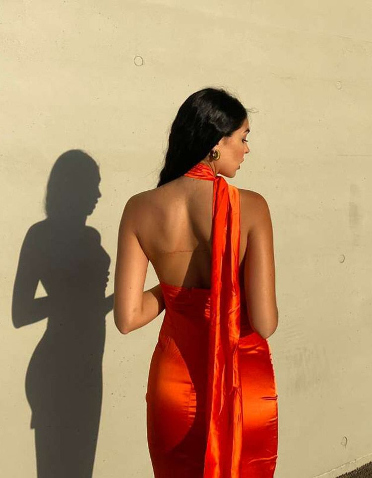 ParGrace Elegant Satin Backless Maxi Dress for  Women