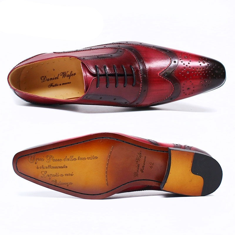 Oxford Black Red Male Formal Shoes Pointed Wingtip Lace Up