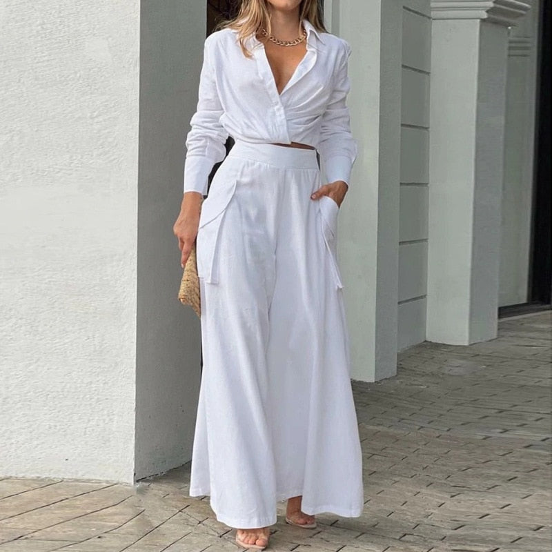 Elegant 2 Piece set Suits Long Sleeve Shirt And Wide Leg Straight Pants Streetwear