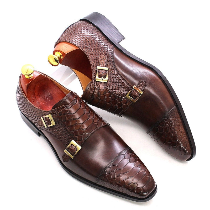 ParGrace Genuine Leather Double Buckle Monk Strap Snake Print Cap Toe