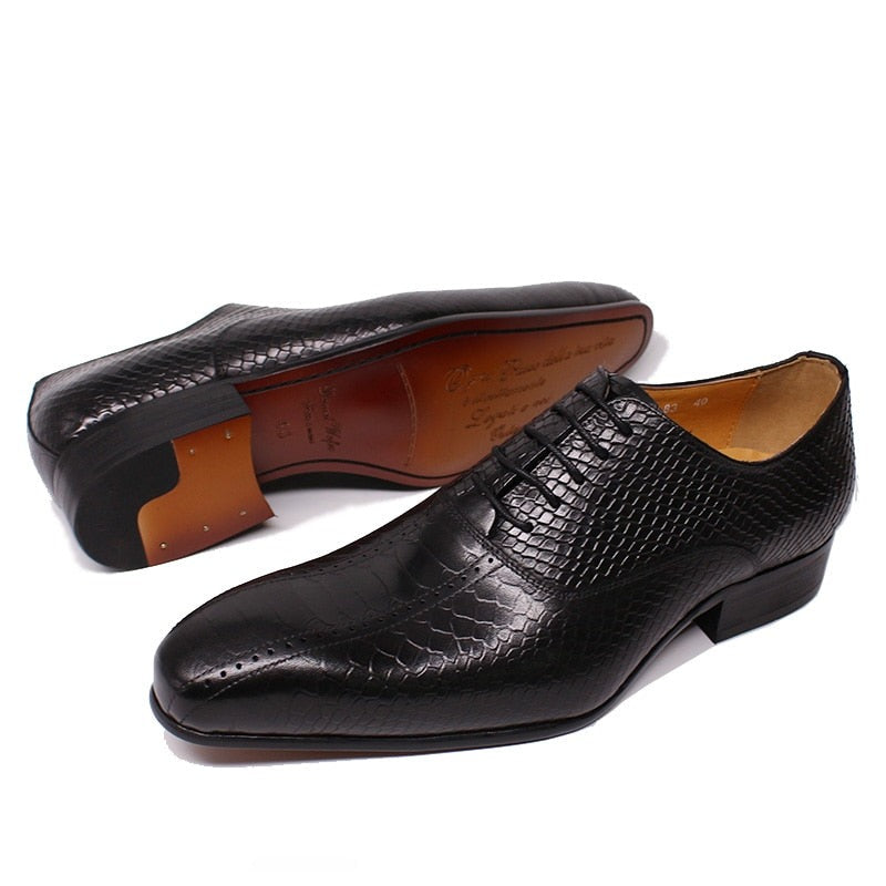 ParGrace Handmade  Genuine Leather Shoes  Black Red Lace Up Pointed Toe Snake Prints