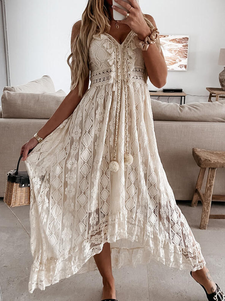 ParGrace Lady Off Shoulder Lace V Neck Spaghetti Strap Sundress