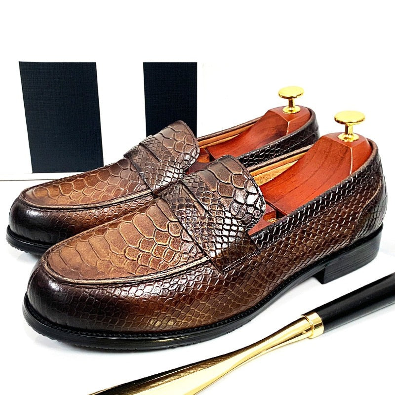 ParGrace LUXURY MEN LEATHER SHOES BLACK COFFEE SLIP ON SNAKE PRINT