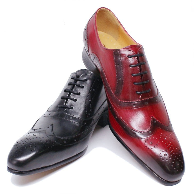 Oxford Black Red Male Formal Shoes Pointed Wingtip Lace Up