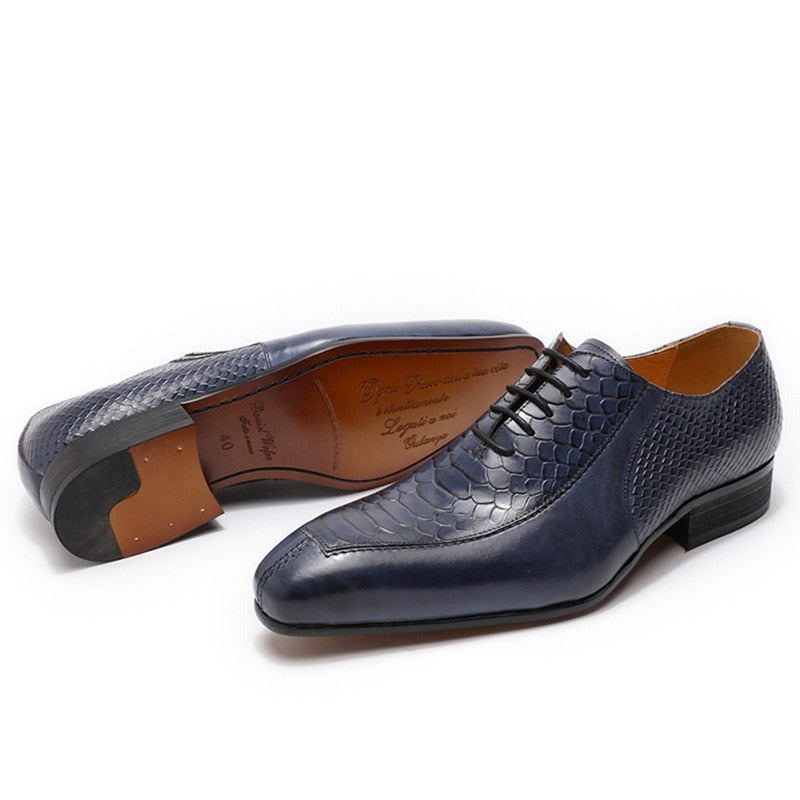 Luxury Man Genuine Leather Shoes Snake Skin Prints Formal Black Blue Lace Up