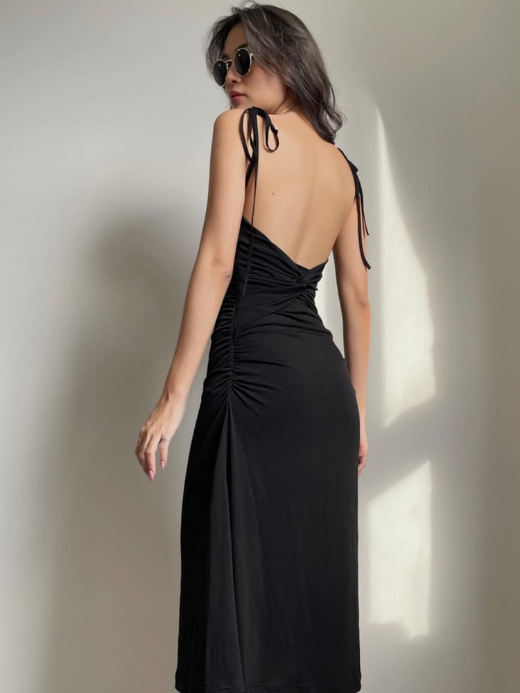 ParGrace Strappy Ruched Sexy Black Dress
