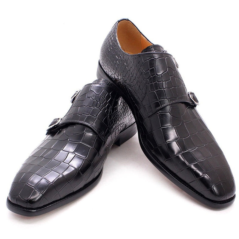 Real Leather Pointed Toe Double Buckles Alligator Parrint  Formal Business