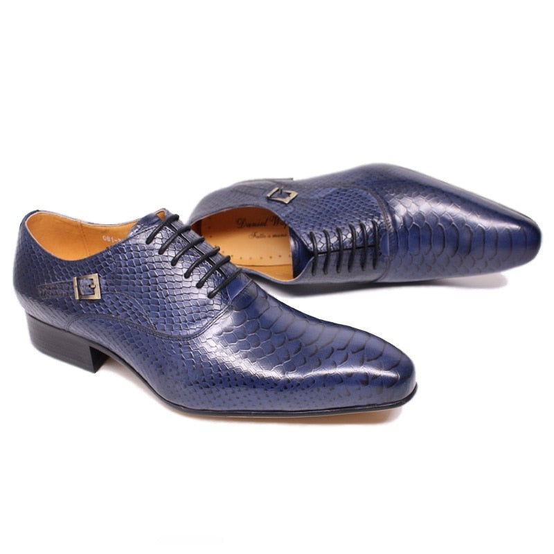 ParGrace Luxury Men Leather Shoes Snake Skin Print Pointed Toe Lace Up Oxford