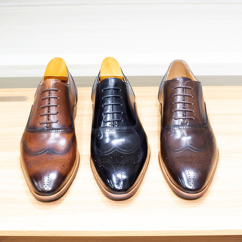 ParGrace Wingtip Oxford Genuine Leather Dress Shoes Handmade Lace Up