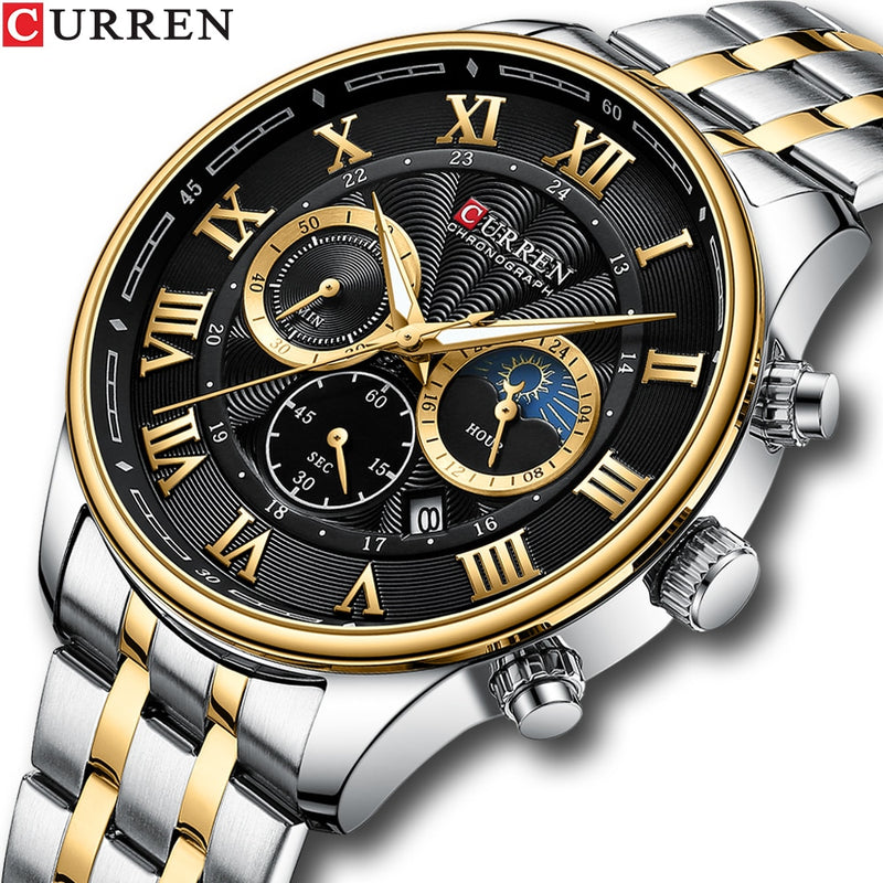 CURREN  Sports Chronograph Wrist watches  Stainless Steel Strap with Auto Date