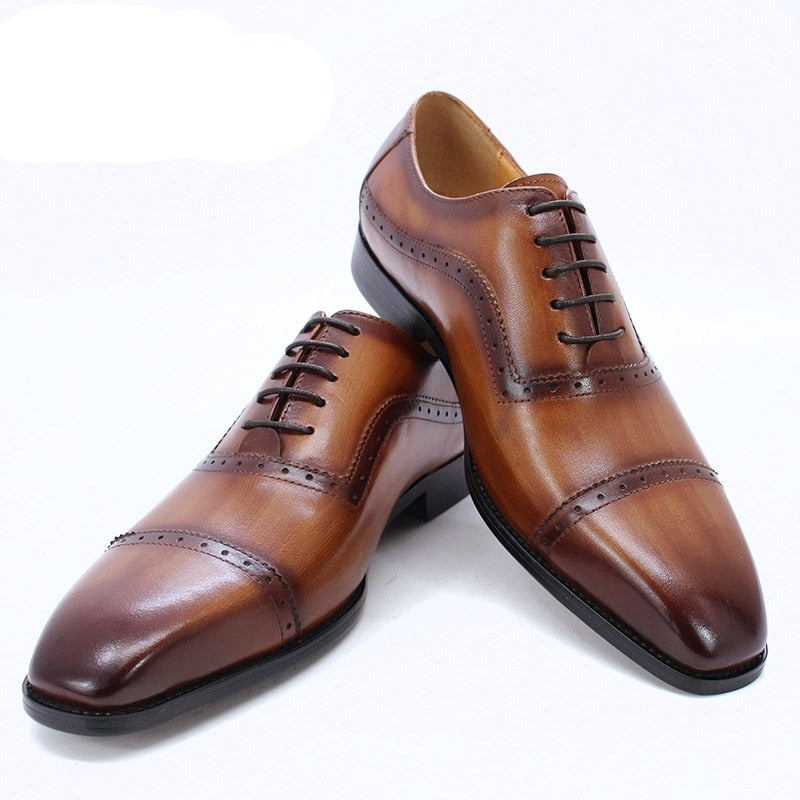 Elegant Men Oxford Shoes Brogue Genuine Leather Black Brown Classic Cap Toe