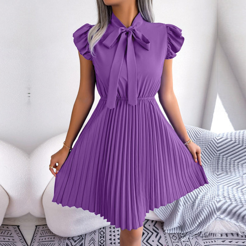 ParGrace Elegant Lace Up High Waist Large Fold Dress For Ladies Bow Collar