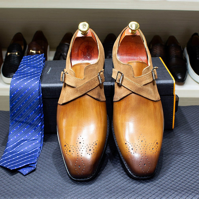 ParGrace Design Mens Monk Strap Formal Shoes Buckle Oxford Genuine Leather Suede Wedding