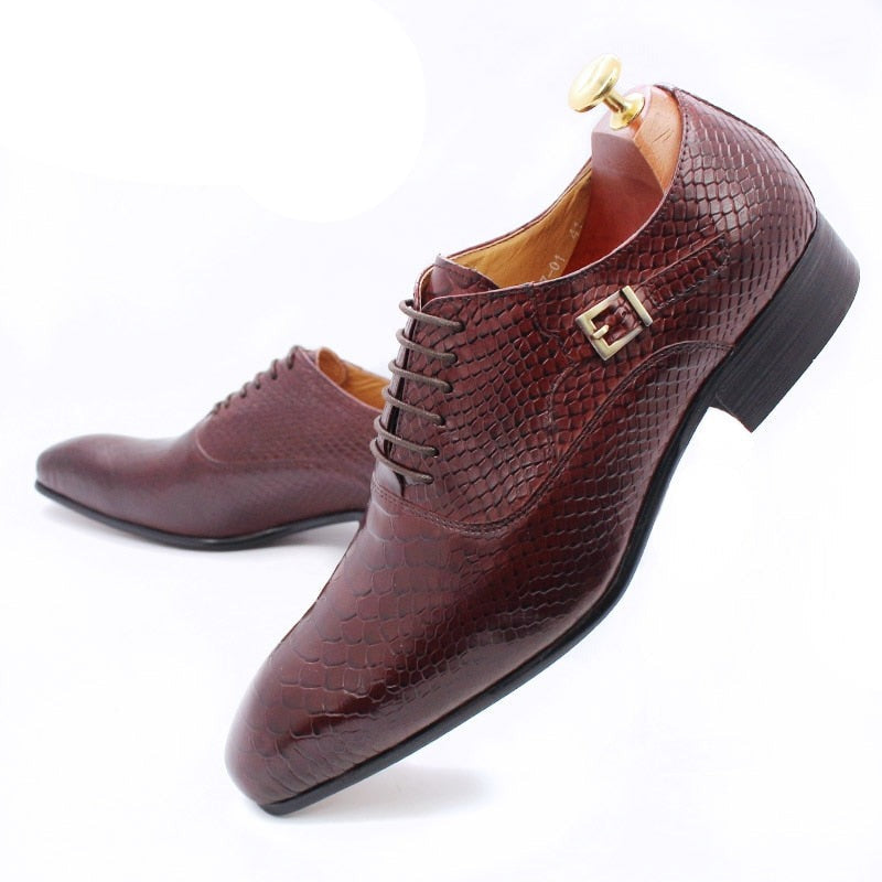 ParGrace Luxury Men Leather Shoes Snake Skin Print Pointed Toe Lace Up Oxford