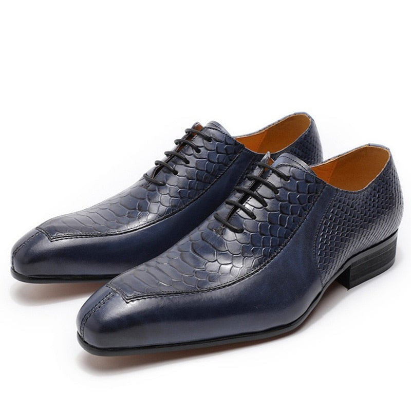 Luxury Man Genuine Leather Shoes Snake Skin Prints Formal Black Blue Lace Up
