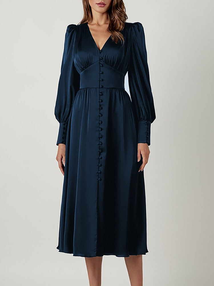 ParGrace Single Breasted Elegantand  High Waist Satin  Dress