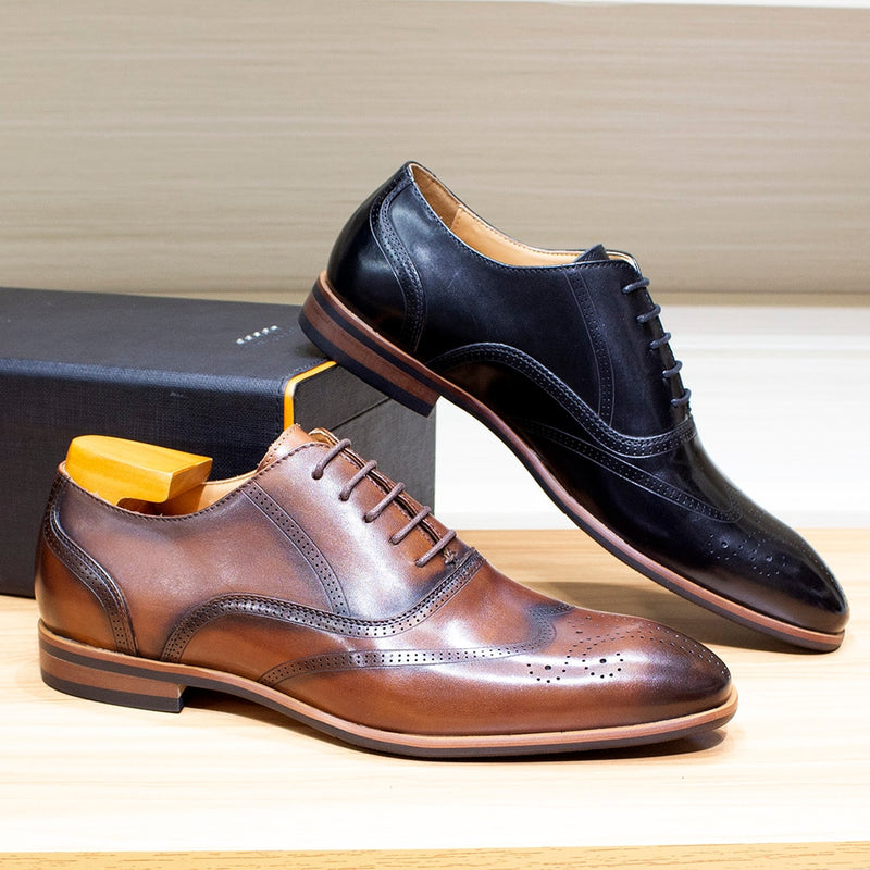 ParGrace Wingtip Oxford Genuine Leather Dress Shoes Handmade Lace Up
