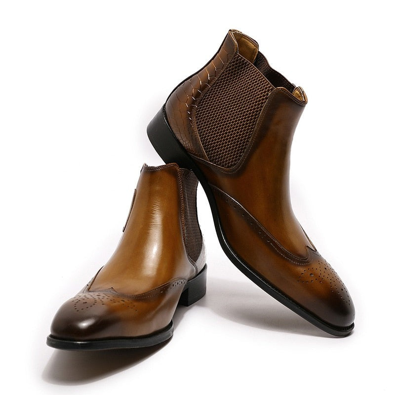 ParGrace Luxury Chelsea Boots Genuine Leather On Buckle Strap Wingtip
