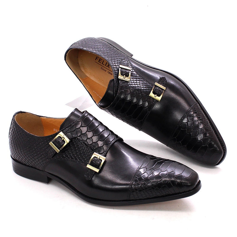 ParGrace Genuine Leather Double Buckle Monk Strap Snake Print Cap Toe