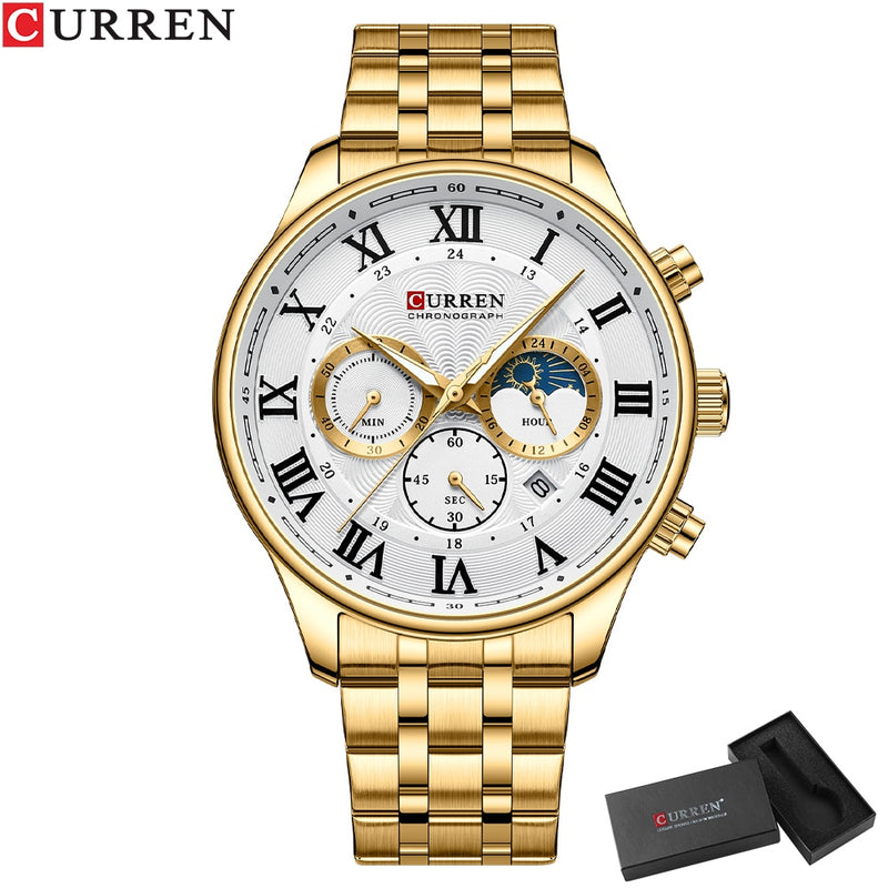 CURREN  Sports Chronograph Wrist watches  Stainless Steel Strap with Auto Date