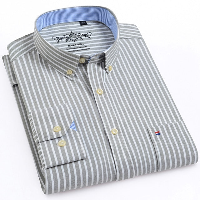 Regular-Fit Long-Sleeve Sturdy Knit Oxford Tops Shirt Plaid Striped Embroidered Pocket