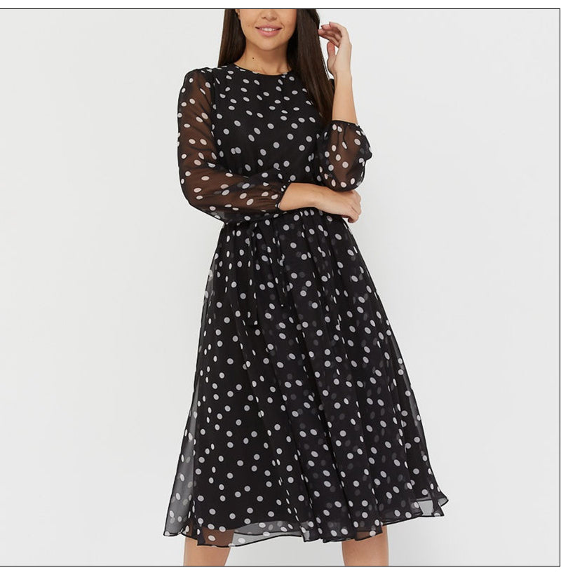 ParGrace  Long Sleeve Polka Dress O Neck Chiffon A Line