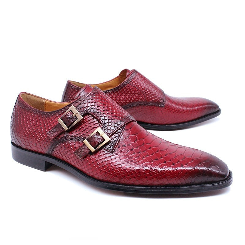 ParGrace Leather Loafers Shoes Snake Print  Monk Strap Slip on Buckle