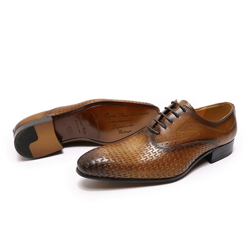 Italian Luxury Geometric Prints Lace Up Pointed Wedding Leather Oxford Shoes