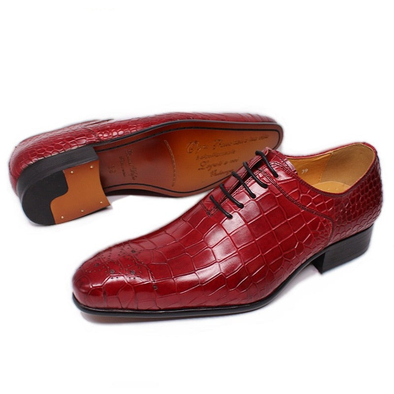 Real Leather Black Red Crocodile Print Lace Up Pointed Toe Office Wedding 