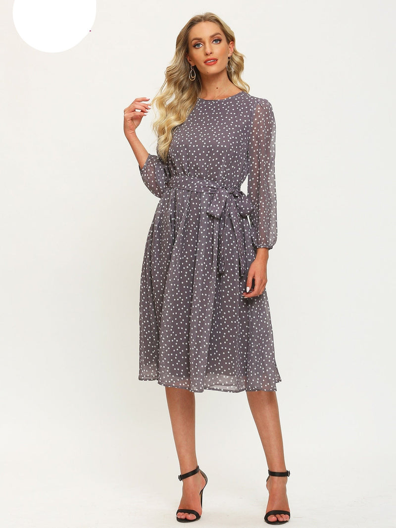 ParGrace  Long Sleeve Polka Dress O Neck Chiffon A Line